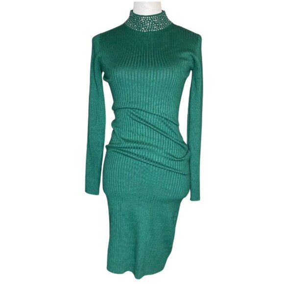 Emma & Posh Women's Knit Green w/Rhinestone Turtleneck Long Sleeve Midi Small - Picture 1 of 7